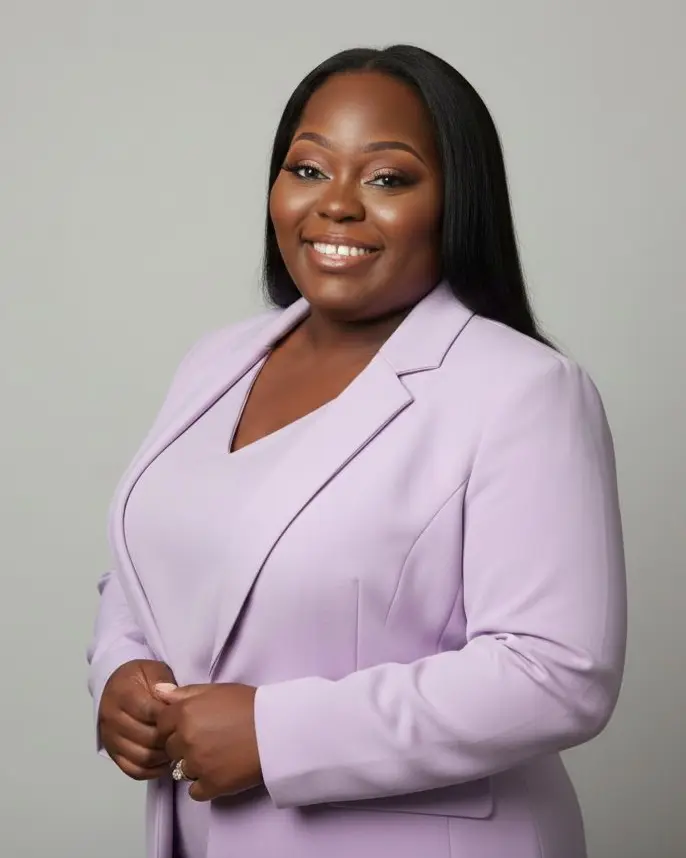 Telojo Valerie Onu, smiling, in a lilac suit